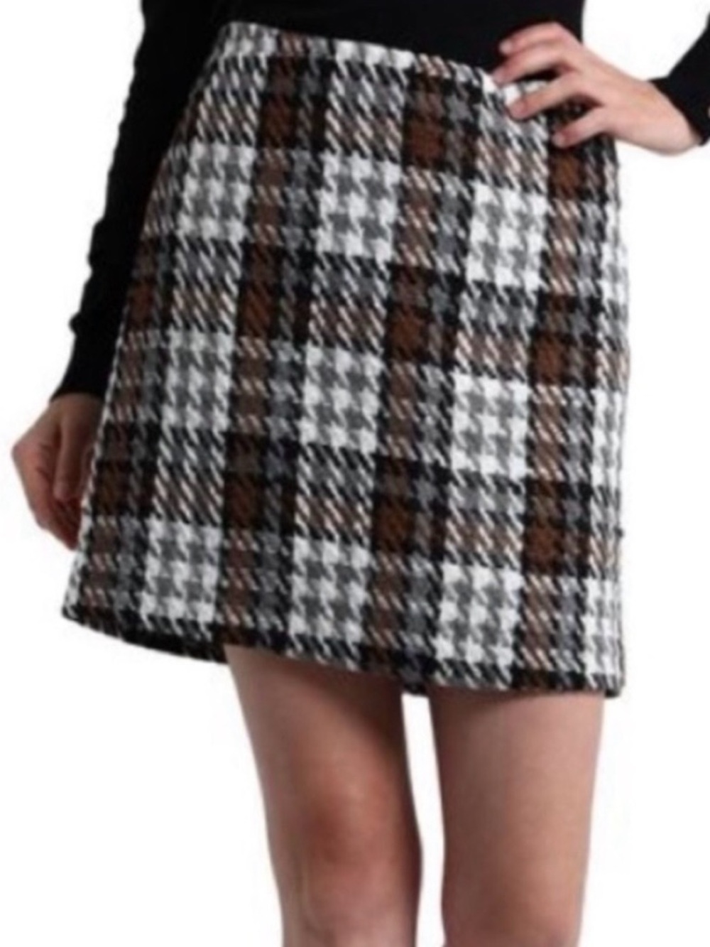 Vero Moda Brown, Black and White Plaid Tweed Mini Skirt